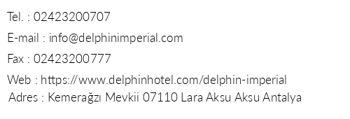 Delphin mperial Lara telefon numaralar, faks, e-mail, posta adresi ve iletiim bilgileri